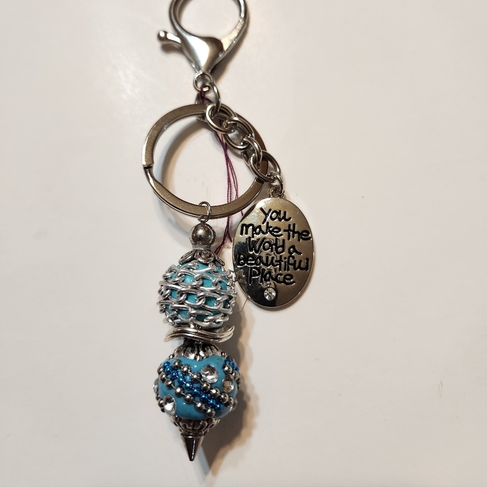 Hand Crafted Purse Charm/Key Chain with Pendant Turquoise Silver 4.5" - Picture 3 of 8
